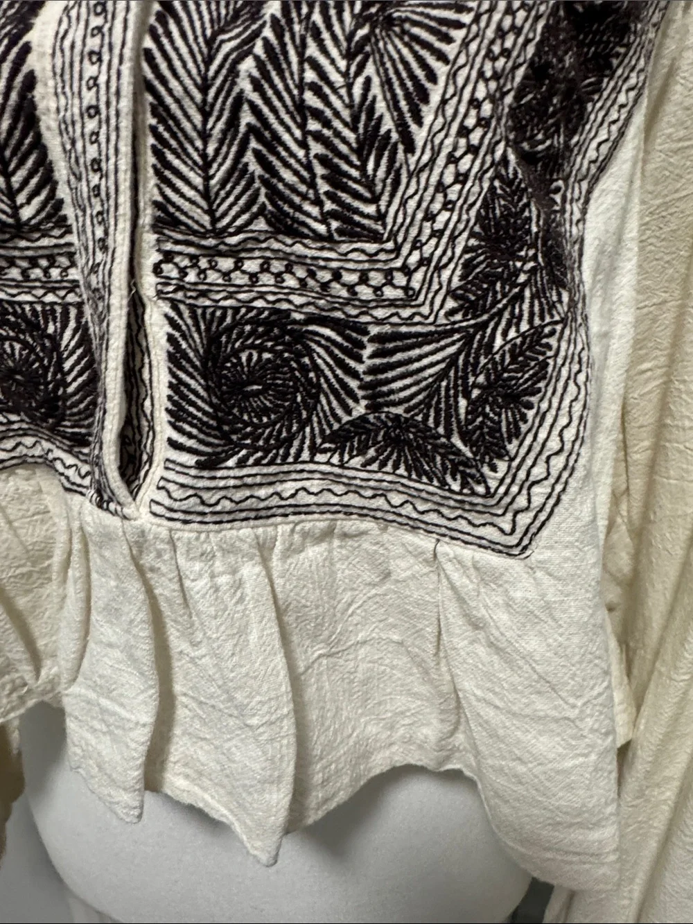 Free People Cream Peasant Blouse with Black Embroidery
